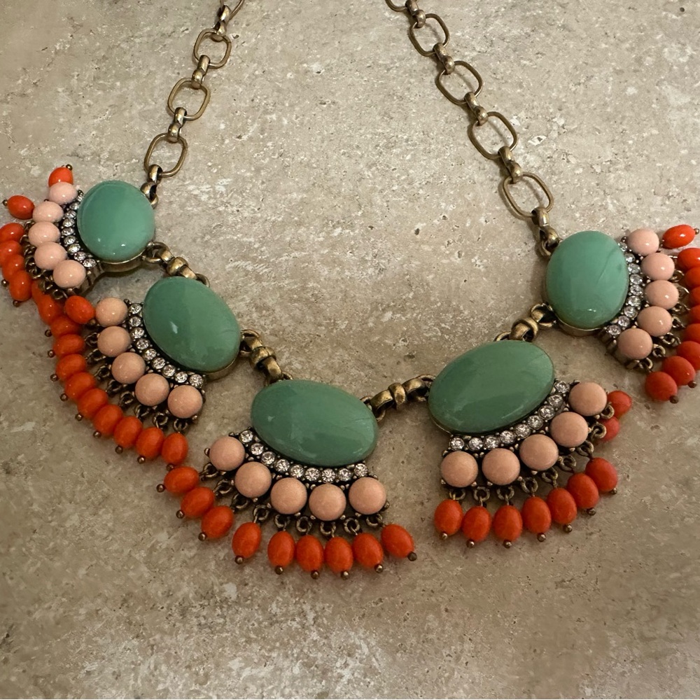 J. Crew Factory Green and Orange Statement Necklace
